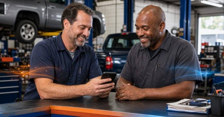 Two auto repair shop owners reviewing a referral on a smartphone in a service bay.