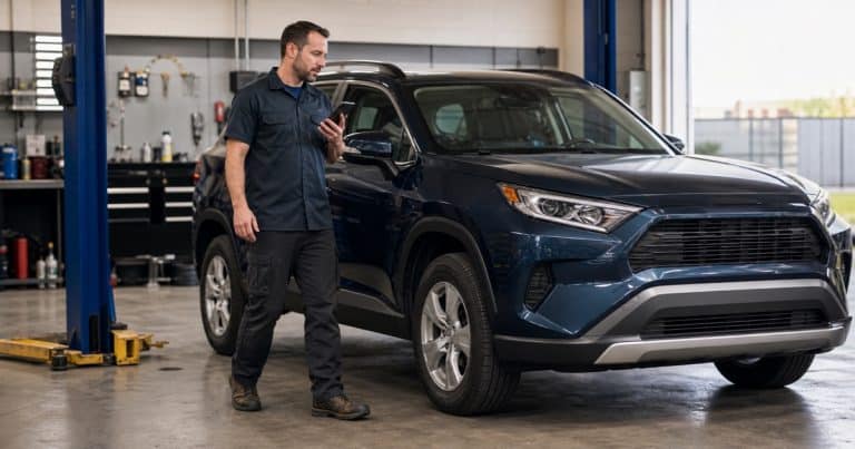 Mechanic documenting a vehicle walkaround inspection on a smartphone beside an SUV in an independent repair shop