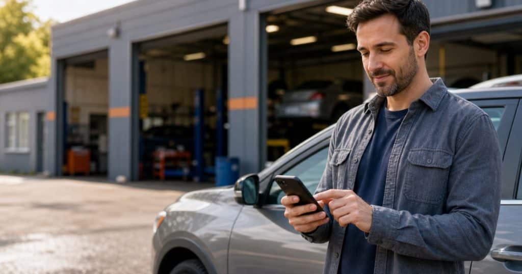 Vehicle owner completing customer intake details on a smartphone outside an auto repair shop