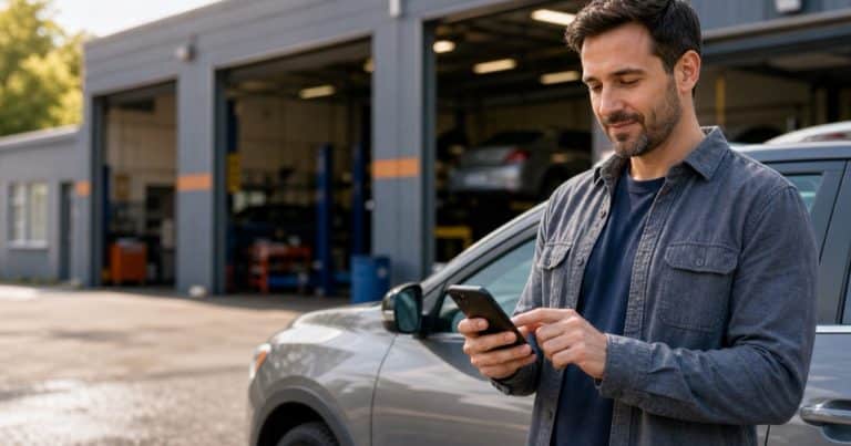 Vehicle owner completing customer intake details on a smartphone outside an auto repair shop