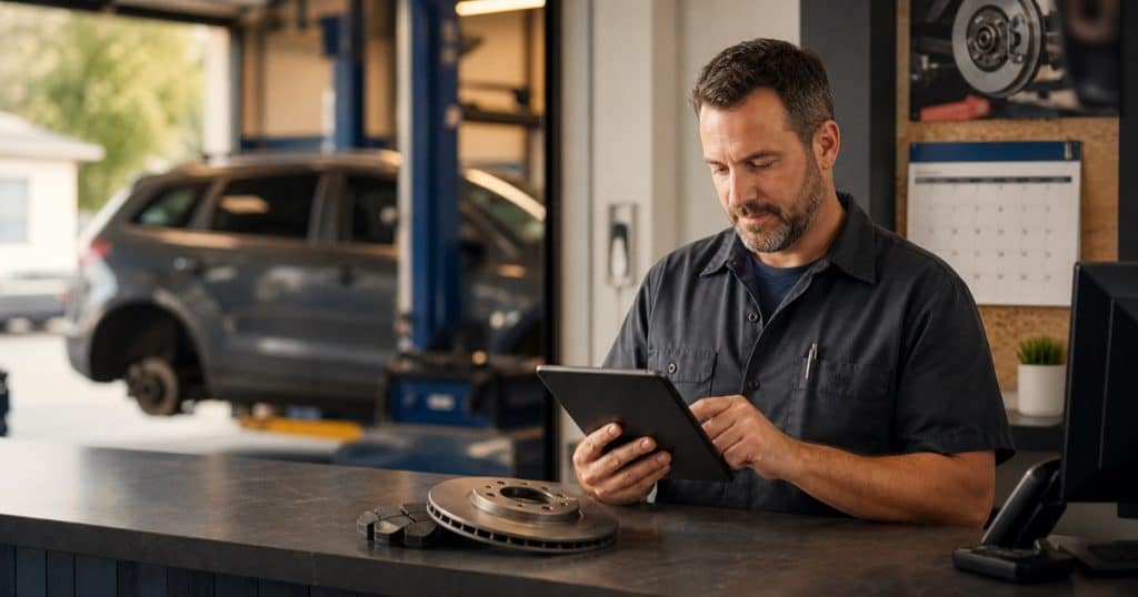 Service advisor reviewing deferred auto repair work and a return appointment