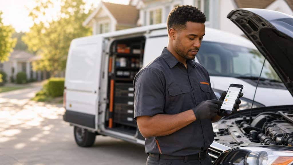 Mobile mechanic using repair-management software on a phone beside a service van and customer vehicle