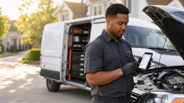 Mobile mechanic using repair-management software on a phone beside a service van and customer vehicle
