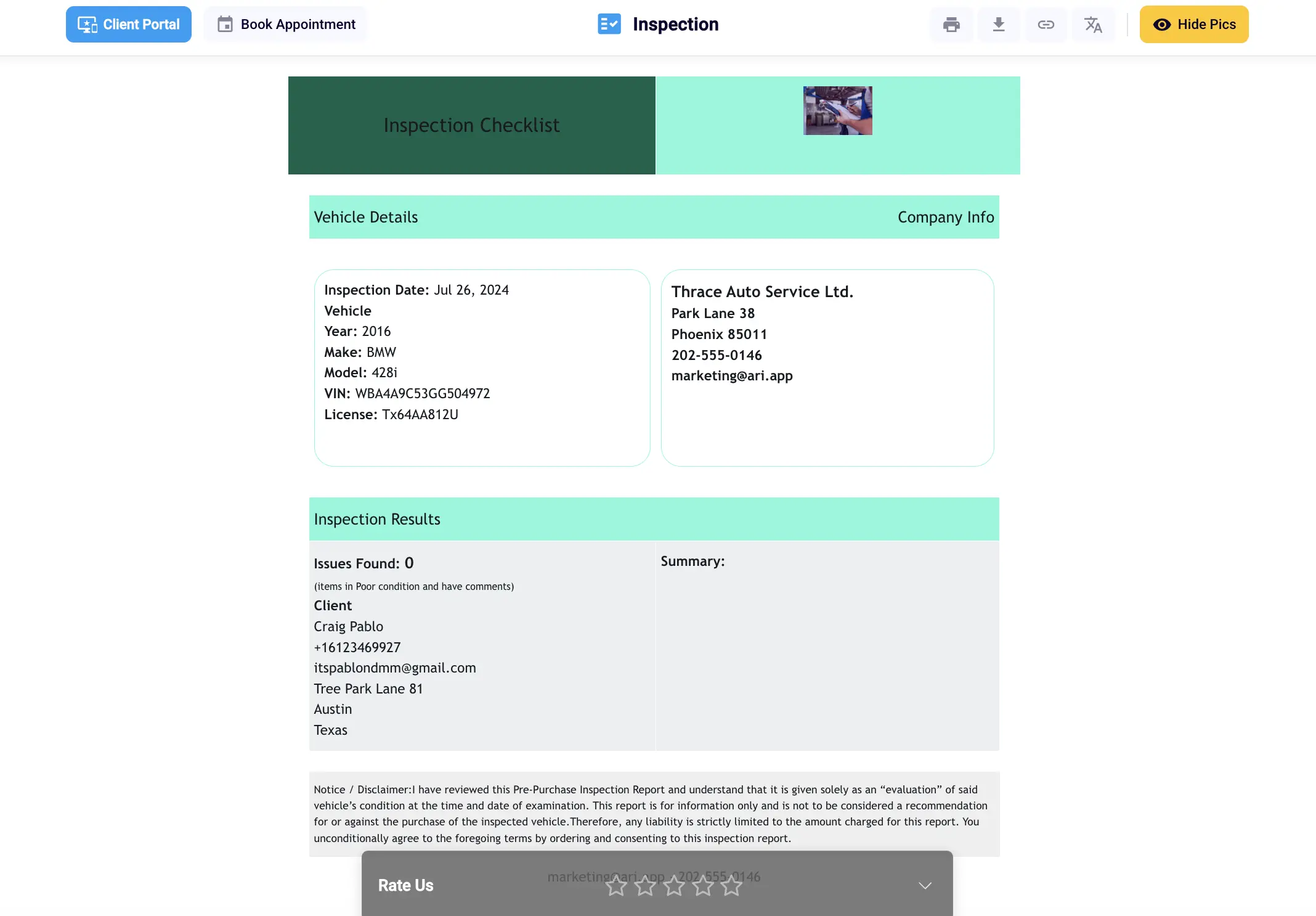 A digital inspection report open in a browser, showing vehicle details, company information and inspection results