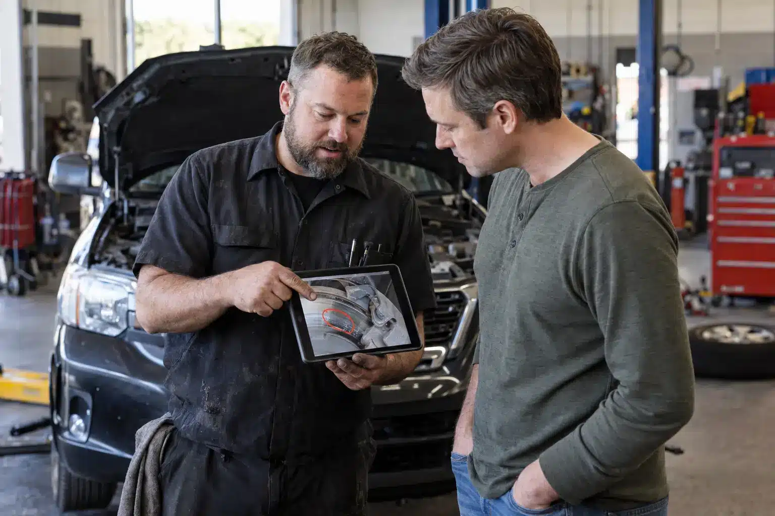 A technician showing a customer an inspection photo on a tablet in the shop
