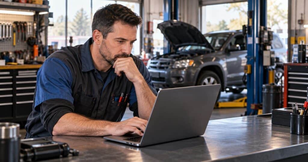 Mechanic reviewing a repair estimate on a laptop in an independent auto repair shop