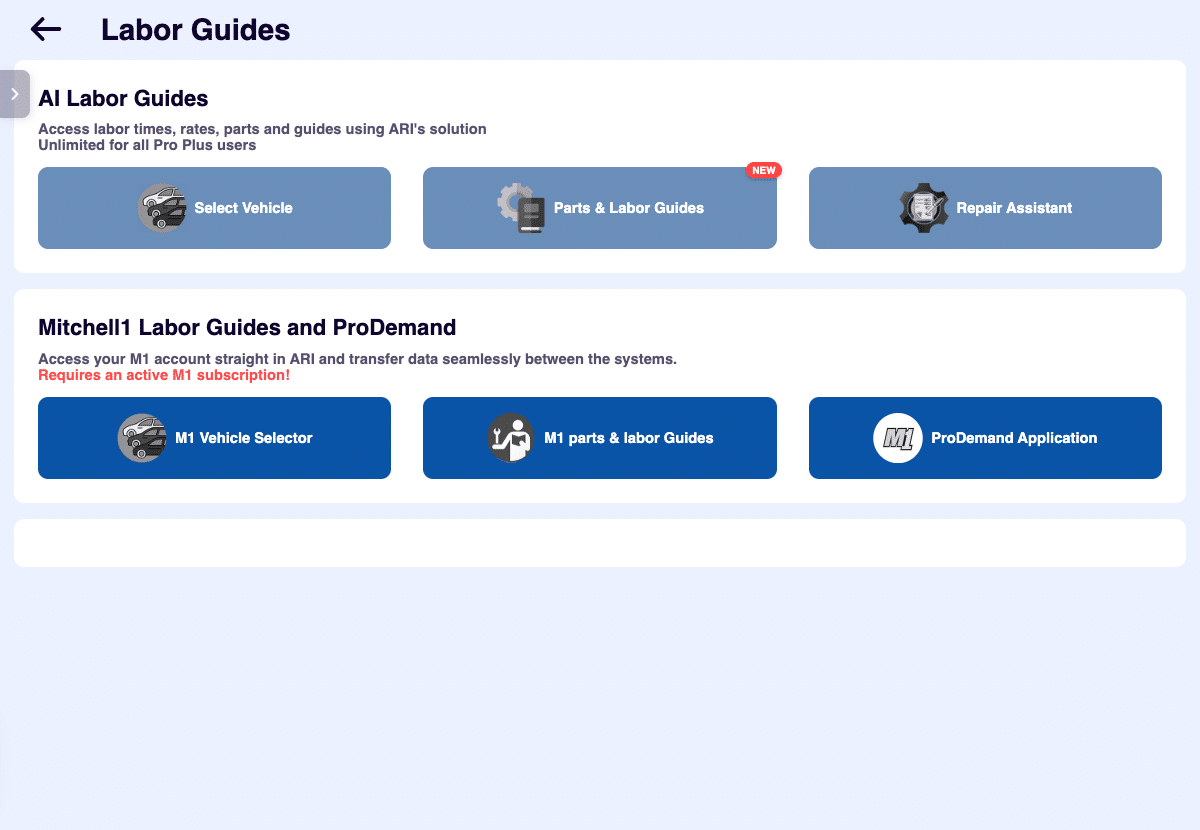 ARI Labor Guides hub showing Select Vehicle, Parts and Labor Guides, and Repair Assistant