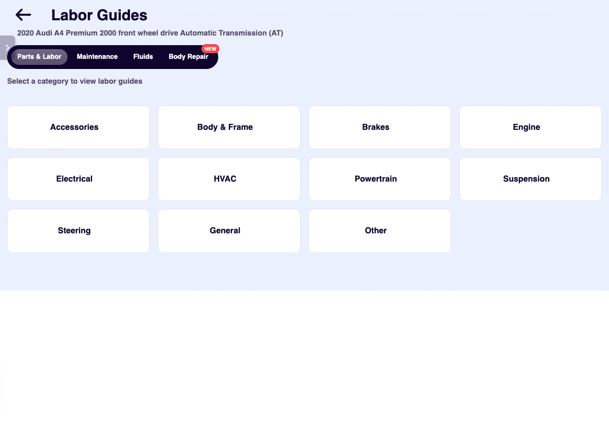 ARI Parts and Labor Guides screen with service categories and Maintenance Fluids and Body Repair tabs
