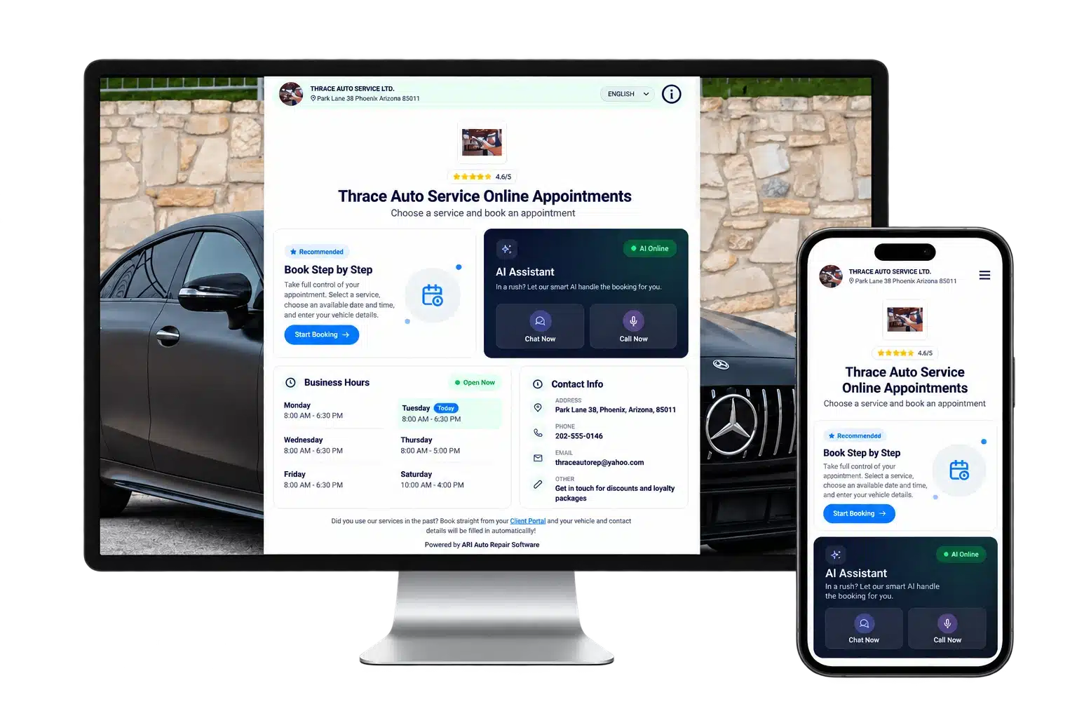ARI online booking page on a phone and a desktop